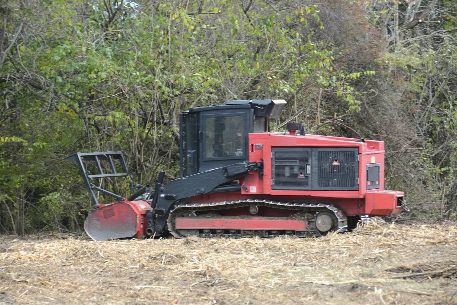 Red tracked forestry mulcher with a drum head on a bed of freshly mulched brush at a woodland edge.